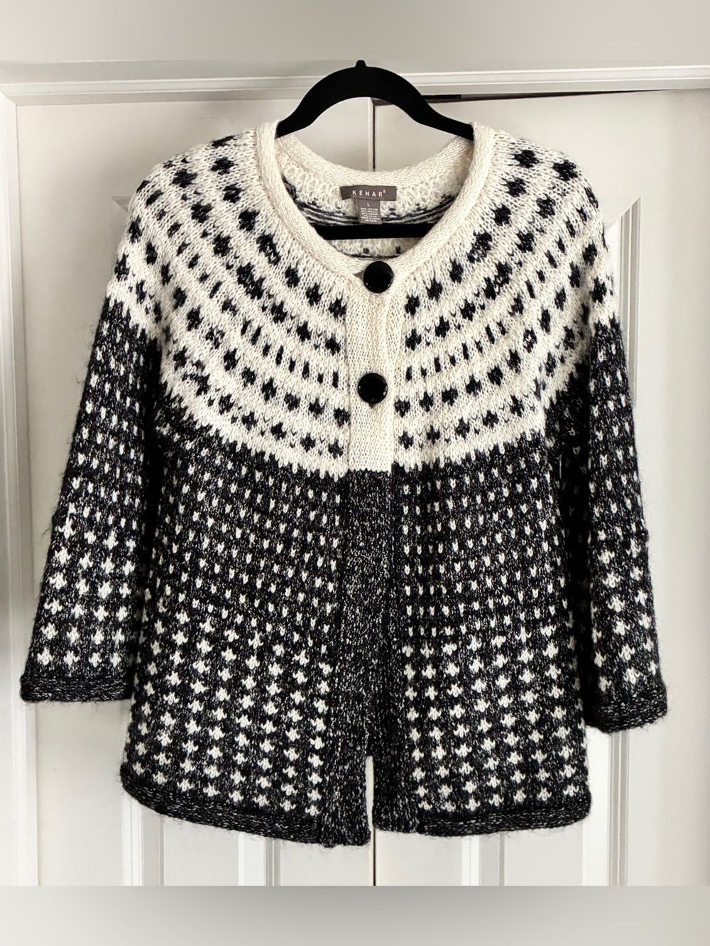 Vintage KENAR Black & Ivory Fair Isle Mohair-Blend Cardigan size Large